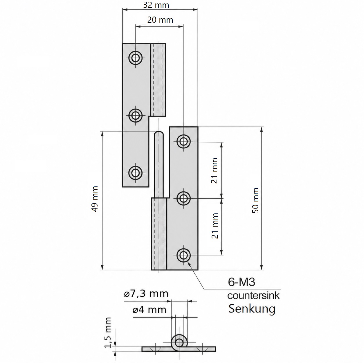2 Stück hochwertiges Aushängescharnier, aus Edelstahl SUS304, Tragkraft: 7 kg (16 lbs), 50 mm (1-31/32″), Ausführung: links, B-1004-3-L. Robustes Aushebescharnier für Türen, Wartungsklappen und vieles mehr, von TAKIGEN (Japan) – Bild 2