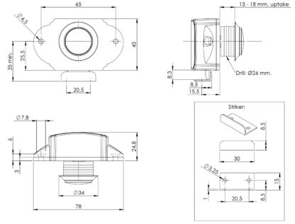 Robuster Druckknopf-Verschluss mit Grifffunktion, aus ABS, Oberfläche: verchromt, Ausführung: rund, 14.03.047-0. Kompakter Druckknopf für Wohnwagen, Yacht, Caravan, Boat, Schranktür, Schublade und viel mehr, von SISO Denmark – Bild 2