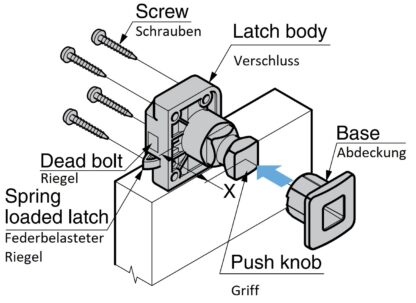 Hochwertiger Druckknopf-Verschluss mit Grifffunktion, aus Messing, Oberfläche: goldfarbig, glänzend poliert, Ausführung: quadratisch, TLP-S-BB-G und TLP-LBM(W). Massiver Druckknopf für Yacht und viel mehr, von Sugatsune / LAMP® (Japan) – Bild 7