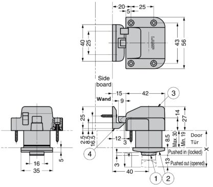 Hochwertiger Druckknopf-Verschluss mit Grifffunktion, aus Messing, Oberfläche: verchromt, Ausführung: quadratisch, TLP-S-BB-CR und TLP-LBM(W). Massiver Druckknopf für Yacht und viel mehr, von Sugatsune / LAMP® (Japan) – Bild 3