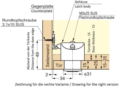 Hochwertiger Druckknopf-Verschluss mit Grifffunktion, aus Zinklegierung (ZDC), Oberfläche: goldfarbig, glänzend poliert, Ausführung: links, PKL05LGA und PKLW. Massiver Druckknopf für Yacht und viel mehr, von Sugatsune / LAMP® (Japan) – Bild 2