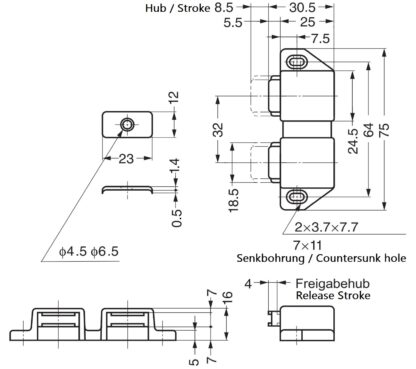 Kompakter Magnet-Druckschnäpper, inkl. Gegenplatte, Oberfläche: braun, 25 mm (63/64″), Ausführung: mit 2 Stößeln, ML-30WBR. Doppel-Türöffner für Möbeltüren, Schranktüren und vieles mehr, von Sugatsune / LAMP® (Japan) – Bild 2