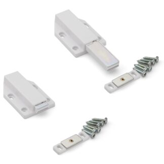 2 Stück Magnet-Druckschnäpper, inkl. Gegenplatte, Oberfläche: weiß, 70 mm (2-3/4″), Ausführung: mit langem Stößel, ML-120W. Push-to-open Türöffner für Möbeltüren, Schranktüren und vieles mehr, von Sugatsune / LAMP® (Japan)
