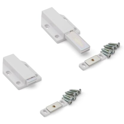 2 Stück Magnet-Druckschnäpper, inkl. Gegenplatte, Oberfläche: weiß, 70 mm (2-3/4″), Ausführung: mit langem Stößel, ML-120W. Push-to-open Türöffner für Möbeltüren, Schranktüren und vieles mehr, von Sugatsune / LAMP® (Japan)