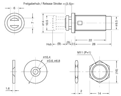 Magnet-Druckschnäpper, mit M11 Gewinde, inkl. M11 Mutter und Gegenplatte PM-4N HB von Sugatsune. Technische Zeichnung