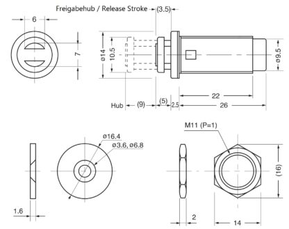2 Stück Magnet-Druckschnäpper, mit M11 Gewinde, inkl. M11 Mutter und Gegenplatte, PM-4N HB. Push-to-open Türöffner für Blech, Holzplatte, Wartungstür, Metallschrank und vieles mehr, von Sugatsune / LAMP® (Japan) – Bild 2