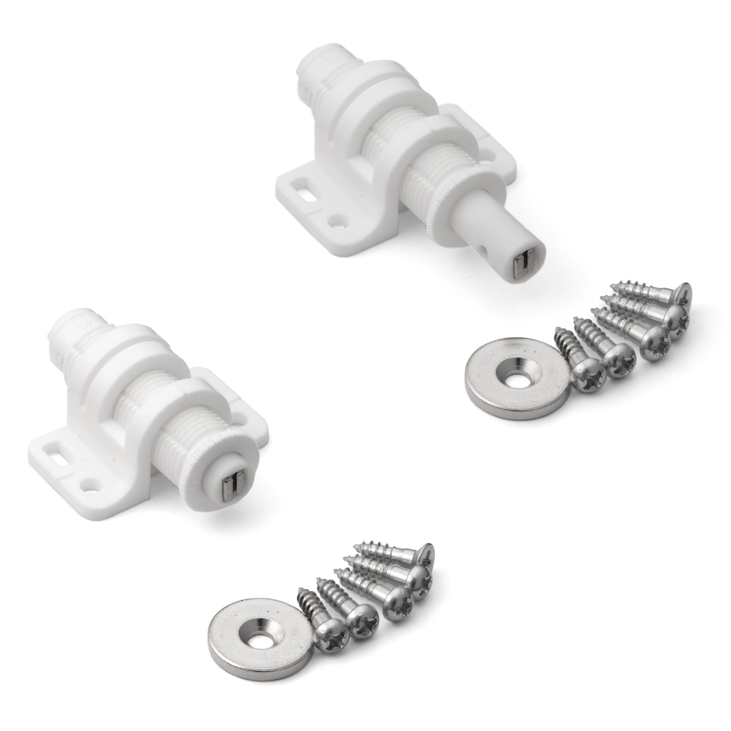 2 Stück Runder Magnet-Druckschnäpper mit Verstellmöglichkeit, inkl. Gegenplatte MC-25WT von Sugatsune, weiß. Produktbild