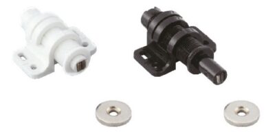Fecho magnético redondo com opção de ajuste, incl. contraplaca MC-25WT da Sugatsune, branco. Disponível em 2 cores: branco e preto