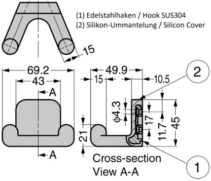 Hochwertiger Silikonhaken für Wandmontage, aus massivem rostfreiem Edelstahl, Oberfläche: schwarz, Ausführung: mit zwei Hakenspitzen, PXB-GR05-212-BL. Gummihaken für Kindergarten, Schule und viel mehr, von Sugatsune / LAMP® (Japan) – Bild 3