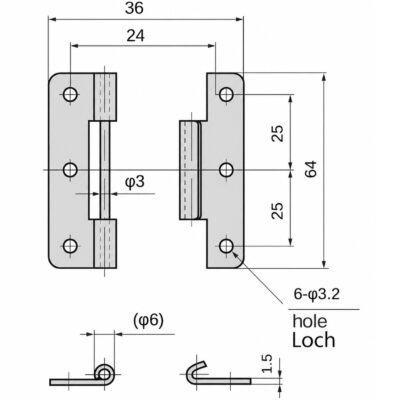Dobradiça embutida de alta qualidade, B-1006-1, altura: 64 mm, da TAKIGEN, capacidade de carga: 8 kg (18 lbs). Desenho Técnico